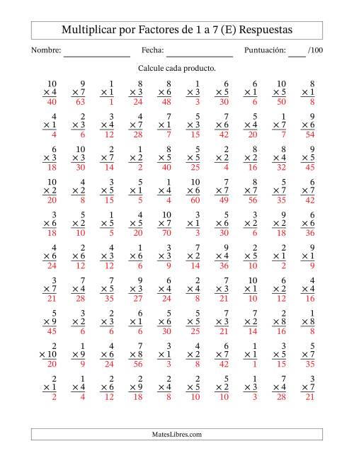 La hoja de ejercicios de Multiplicar (Factores de 1 a 10) por Factores de 1 a 7 (100 Preguntas) (E) Página 2