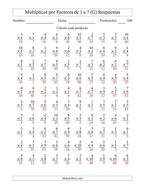 La hoja de ejercicios de Multiplicar (Factores de 1 a 10) por Factores de 1 a 7 (100 Preguntas) (G) Página 2