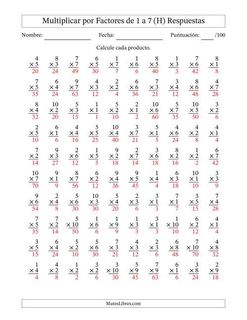 La hoja de ejercicios de Multiplicar (Factores de 1 a 10) por Factores de 1 a 7 (100 Preguntas) (H) Página 2