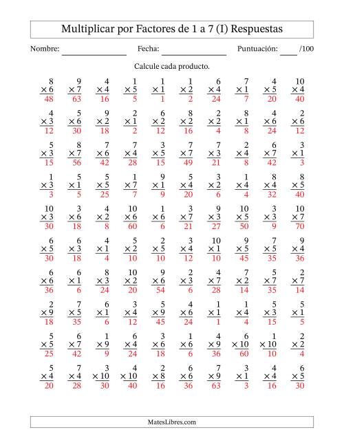 La hoja de ejercicios de Multiplicar (Factores de 1 a 10) por Factores de 1 a 7 (100 Preguntas) (I) Página 2
