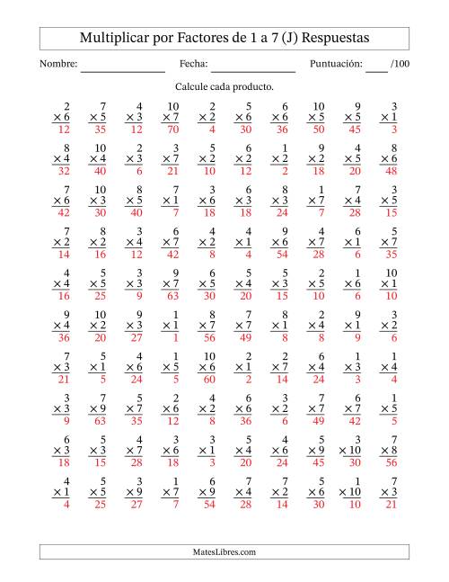 La hoja de ejercicios de Multiplicar (Factores de 1 a 10) por Factores de 1 a 7 (100 Preguntas) (J) Página 2