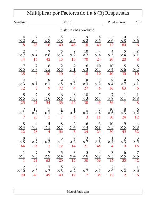 La hoja de ejercicios de Multiplicar (Factores de 1 a 10) por Factores de 1 a 8 (100 Preguntas) (B) Página 2