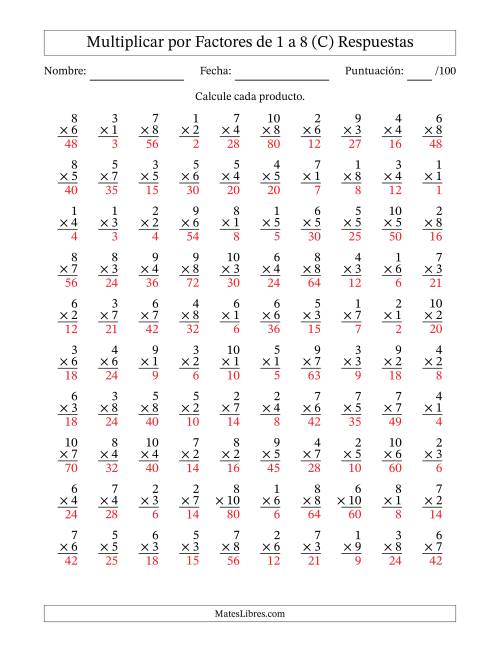 La hoja de ejercicios de Multiplicar (Factores de 1 a 10) por Factores de 1 a 8 (100 Preguntas) (C) Página 2