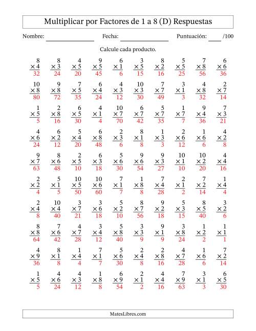 La hoja de ejercicios de Multiplicar (Factores de 1 a 10) por Factores de 1 a 8 (100 Preguntas) (D) Página 2