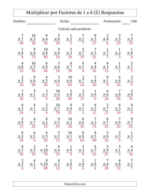 La hoja de ejercicios de Multiplicar (Factores de 1 a 10) por Factores de 1 a 8 (100 Preguntas) (E) Página 2