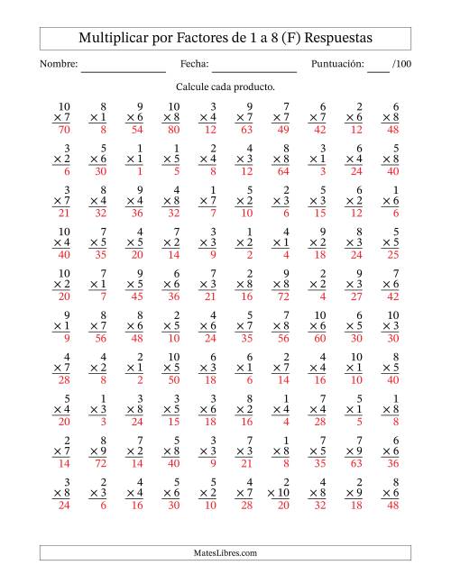 La hoja de ejercicios de Multiplicar (Factores de 1 a 10) por Factores de 1 a 8 (100 Preguntas) (F) Página 2