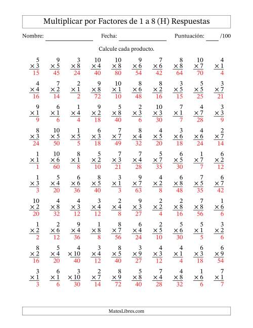 La hoja de ejercicios de Multiplicar (Factores de 1 a 10) por Factores de 1 a 8 (100 Preguntas) (H) Página 2