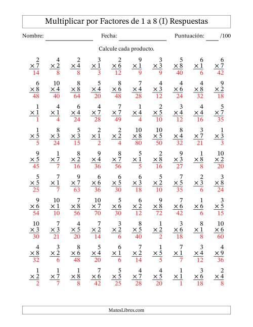 La hoja de ejercicios de Multiplicar (Factores de 1 a 10) por Factores de 1 a 8 (100 Preguntas) (I) Página 2