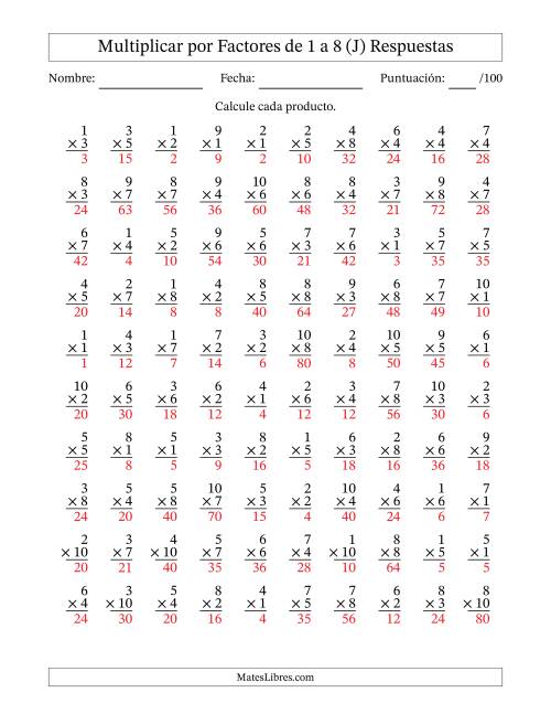 La hoja de ejercicios de Multiplicar (Factores de 1 a 10) por Factores de 1 a 8 (100 Preguntas) (J) Página 2