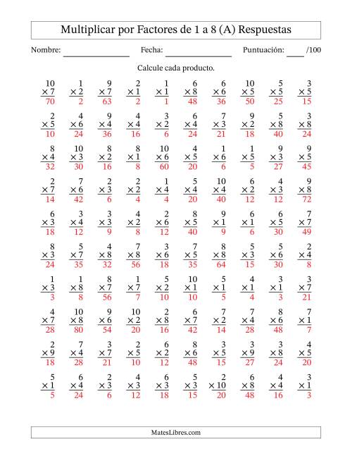 La hoja de ejercicios de Multiplicar (Factores de 1 a 10) por Factores de 1 a 8 (100 Preguntas) (Todas) Página 2
