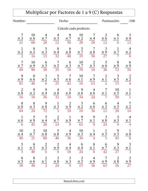 La hoja de ejercicios de Multiplicar (Factores de 1 a 10) por Factores de 1 a 9 (100 Preguntas) (C) Página 2
