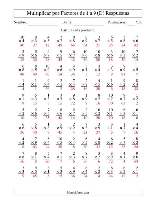 La hoja de ejercicios de Multiplicar (Factores de 1 a 10) por Factores de 1 a 9 (100 Preguntas) (D) Página 2