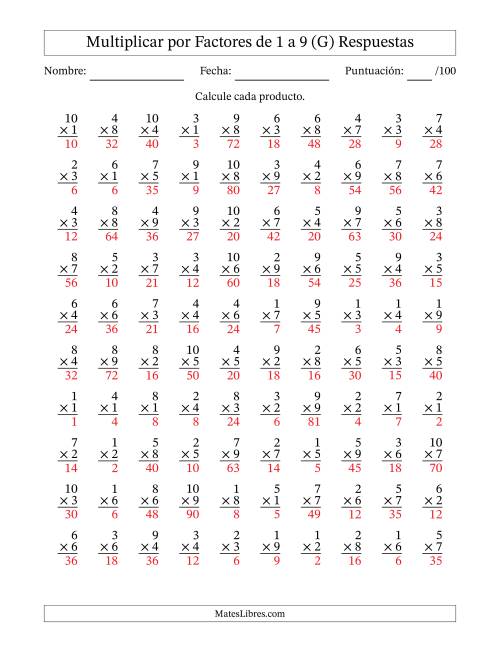 La hoja de ejercicios de Multiplicar (Factores de 1 a 10) por Factores de 1 a 9 (100 Preguntas) (G) Página 2