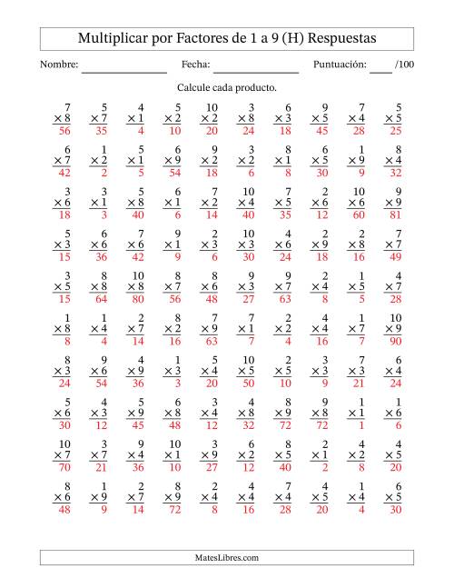 La hoja de ejercicios de Multiplicar (Factores de 1 a 10) por Factores de 1 a 9 (100 Preguntas) (H) Página 2