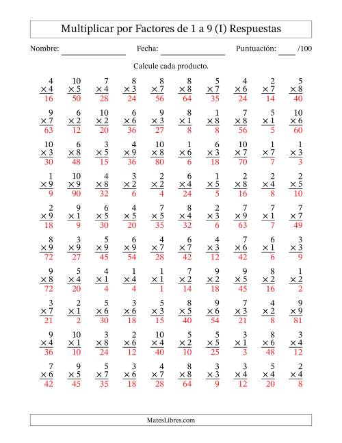 La hoja de ejercicios de Multiplicar (Factores de 1 a 10) por Factores de 1 a 9 (100 Preguntas) (I) Página 2