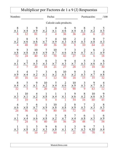 La hoja de ejercicios de Multiplicar (Factores de 1 a 10) por Factores de 1 a 9 (100 Preguntas) (J) Página 2
