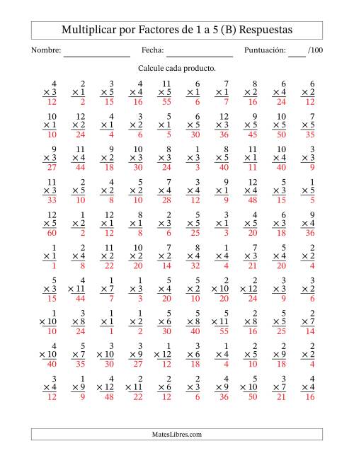 La hoja de ejercicios de Multiplicar (Factores de 1 a 12) por Factores de 1 a 5 (100 Preguntas) (B) Página 2