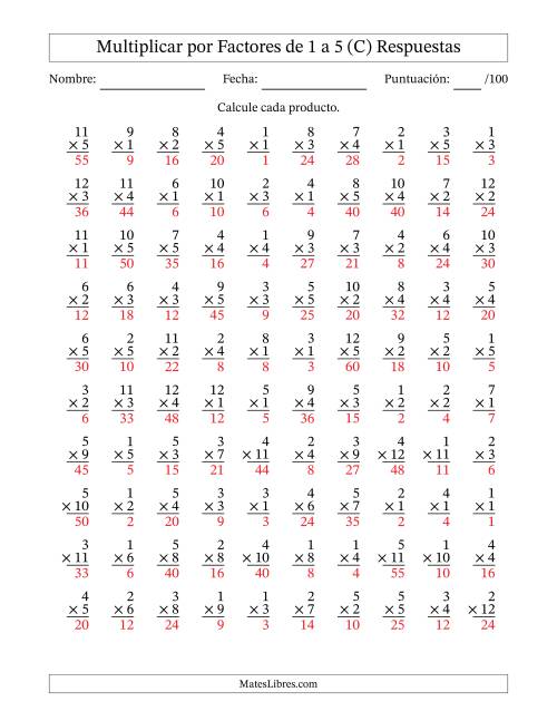 La hoja de ejercicios de Multiplicar (Factores de 1 a 12) por Factores de 1 a 5 (100 Preguntas) (C) Página 2