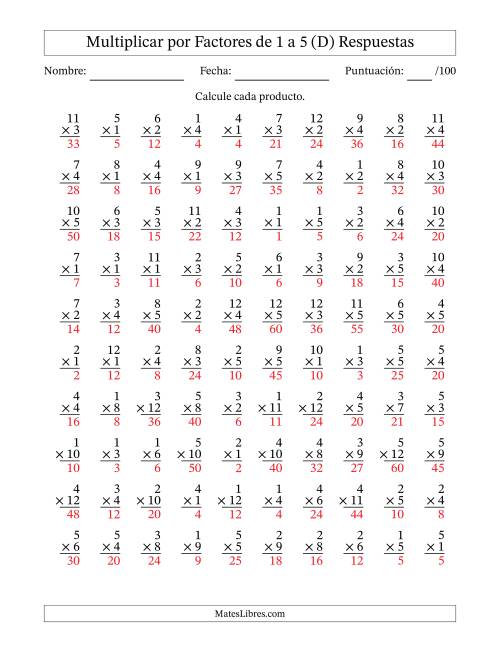 La hoja de ejercicios de Multiplicar (Factores de 1 a 12) por Factores de 1 a 5 (100 Preguntas) (D) Página 2