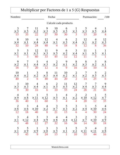 La hoja de ejercicios de Multiplicar (Factores de 1 a 12) por Factores de 1 a 5 (100 Preguntas) (G) Página 2