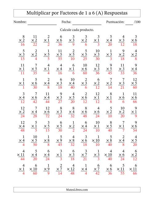 La hoja de ejercicios de Multiplicar (Factores de 1 a 12) por Factores de 1 a 6 (100 Preguntas) (A) Página 2