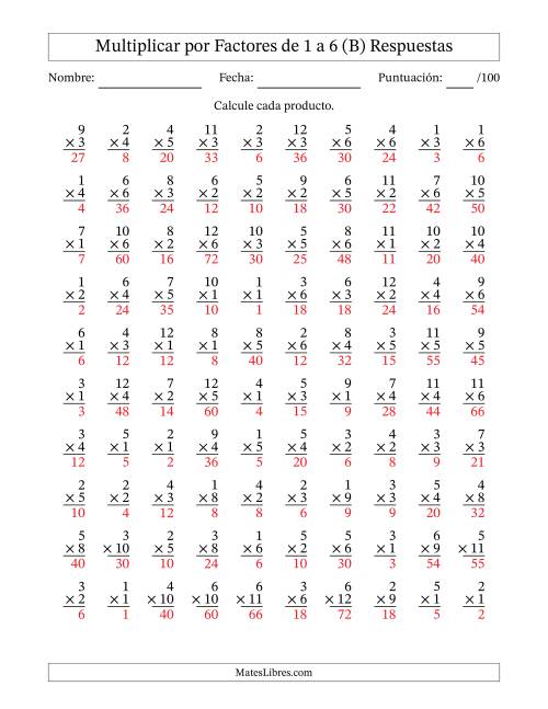 La hoja de ejercicios de Multiplicar (Factores de 1 a 12) por Factores de 1 a 6 (100 Preguntas) (B) Página 2