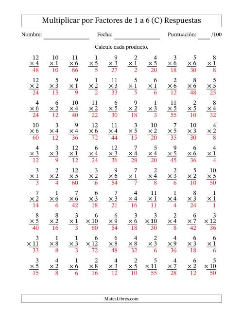 La hoja de ejercicios de Multiplicar (Factores de 1 a 12) por Factores de 1 a 6 (100 Preguntas) (C) Página 2
