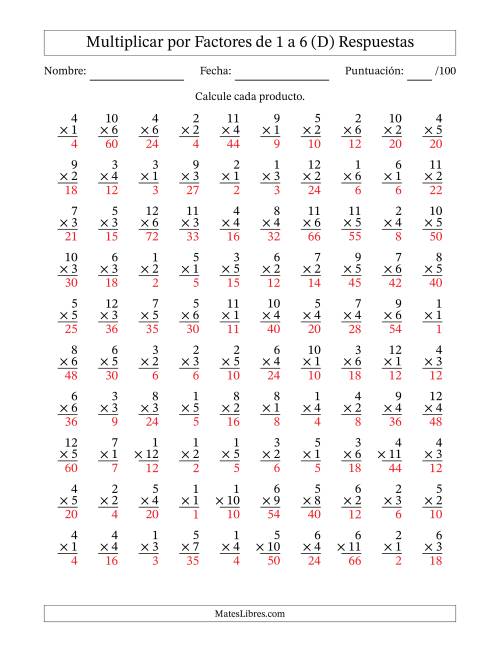 La hoja de ejercicios de Multiplicar (Factores de 1 a 12) por Factores de 1 a 6 (100 Preguntas) (D) Página 2