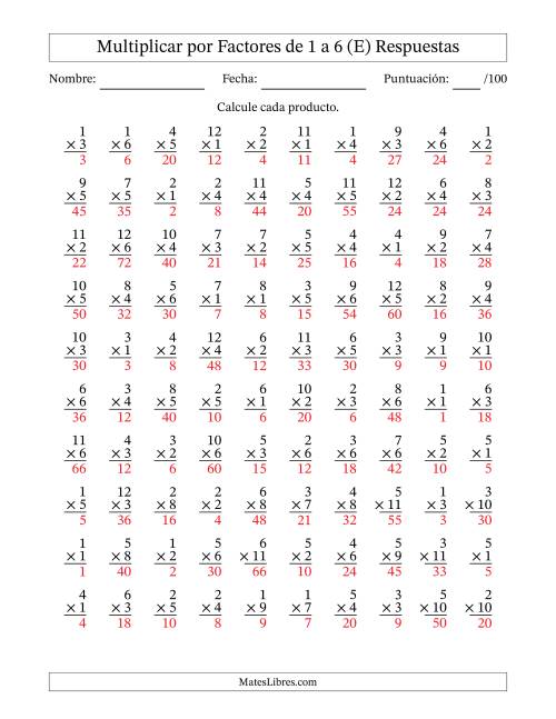 La hoja de ejercicios de Multiplicar (Factores de 1 a 12) por Factores de 1 a 6 (100 Preguntas) (E) Página 2