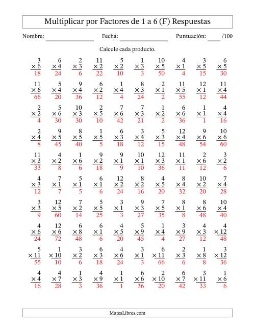 La hoja de ejercicios de Multiplicar (Factores de 1 a 12) por Factores de 1 a 6 (100 Preguntas) (F) Página 2