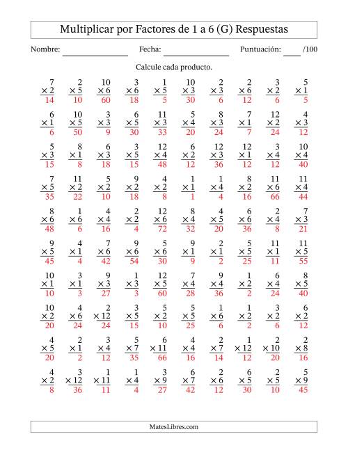 La hoja de ejercicios de Multiplicar (Factores de 1 a 12) por Factores de 1 a 6 (100 Preguntas) (G) Página 2