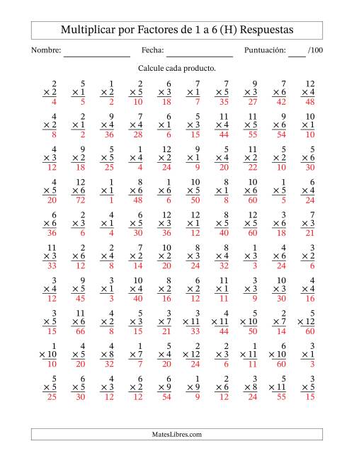 La hoja de ejercicios de Multiplicar (Factores de 1 a 12) por Factores de 1 a 6 (100 Preguntas) (H) Página 2