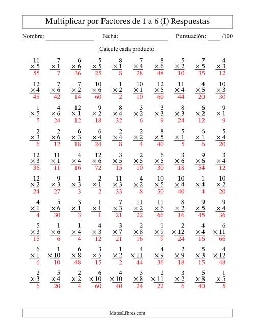 La hoja de ejercicios de Multiplicar (Factores de 1 a 12) por Factores de 1 a 6 (100 Preguntas) (I) Página 2