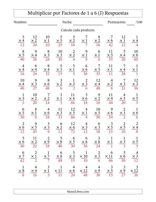 La hoja de ejercicios de Multiplicar (Factores de 1 a 12) por Factores de 1 a 6 (100 Preguntas) (J) Página 2