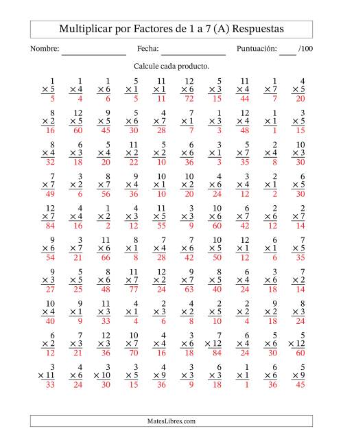 La hoja de ejercicios de Multiplicar (Factores de 1 a 12) por Factores de 1 a 7 (100 Preguntas) (A) Página 2