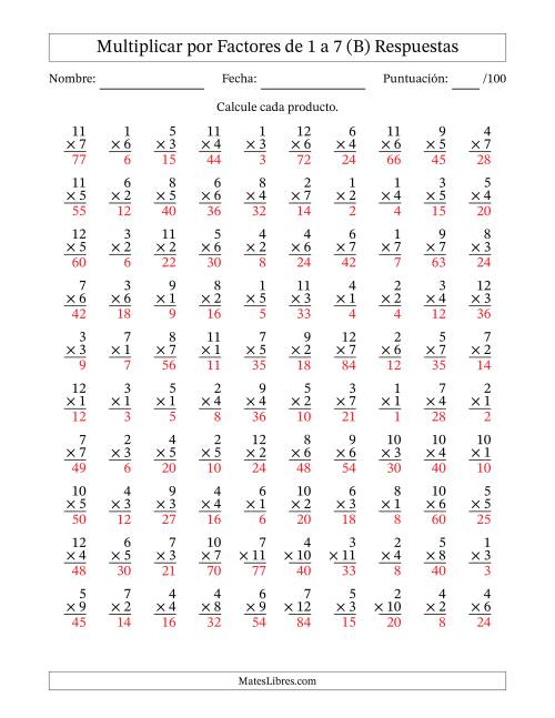 La hoja de ejercicios de Multiplicar (Factores de 1 a 12) por Factores de 1 a 7 (100 Preguntas) (B) Página 2