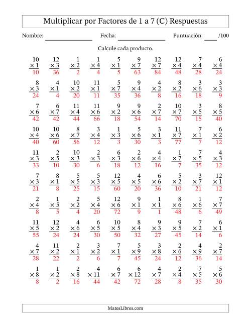 La hoja de ejercicios de Multiplicar (Factores de 1 a 12) por Factores de 1 a 7 (100 Preguntas) (C) Página 2