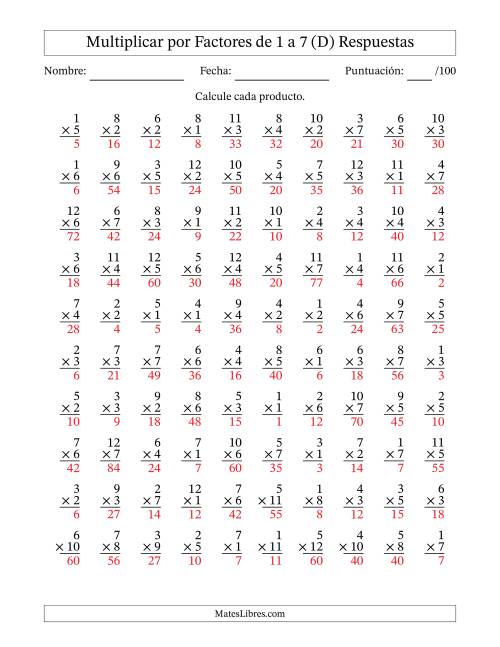 La hoja de ejercicios de Multiplicar (Factores de 1 a 12) por Factores de 1 a 7 (100 Preguntas) (D) Página 2