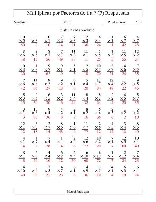 La hoja de ejercicios de Multiplicar (Factores de 1 a 12) por Factores de 1 a 7 (100 Preguntas) (F) Página 2