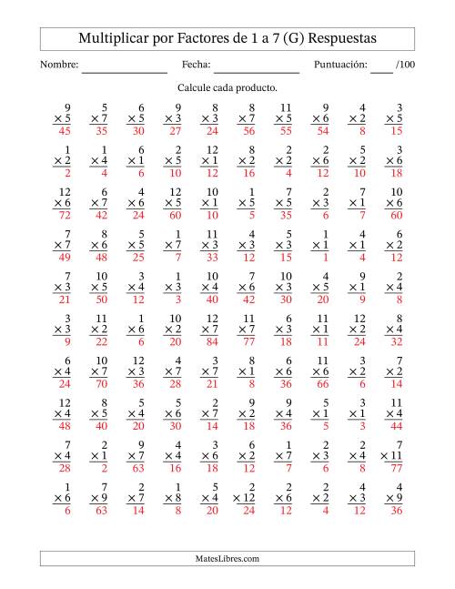 La hoja de ejercicios de Multiplicar (Factores de 1 a 12) por Factores de 1 a 7 (100 Preguntas) (G) Página 2