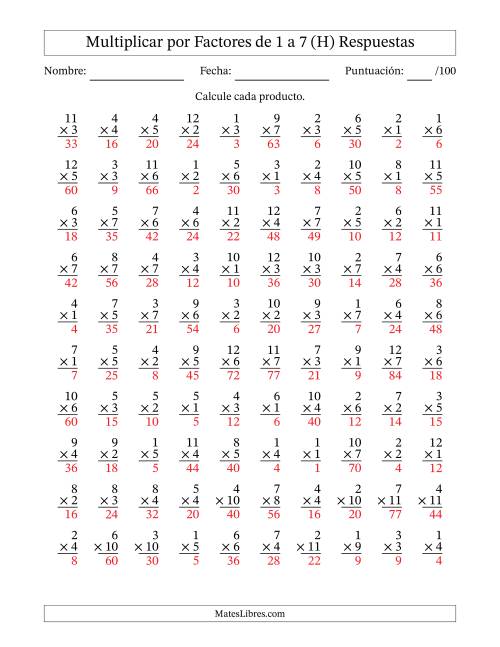 La hoja de ejercicios de Multiplicar (Factores de 1 a 12) por Factores de 1 a 7 (100 Preguntas) (H) Página 2