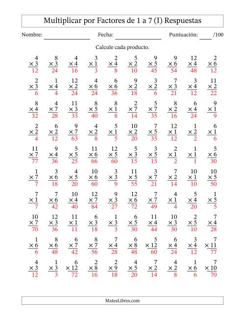 La hoja de ejercicios de Multiplicar (Factores de 1 a 12) por Factores de 1 a 7 (100 Preguntas) (I) Página 2