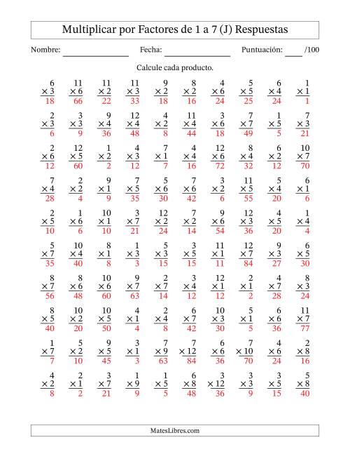 La hoja de ejercicios de Multiplicar (Factores de 1 a 12) por Factores de 1 a 7 (100 Preguntas) (J) Página 2