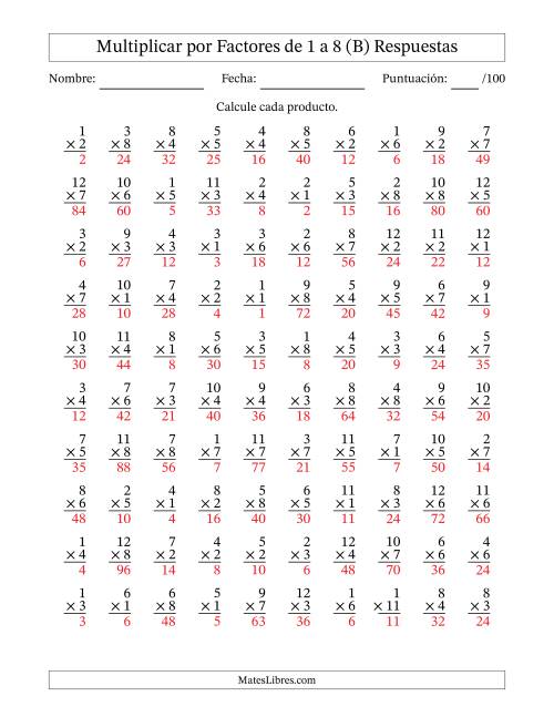 La hoja de ejercicios de Multiplicar (Factores de 1 a 12) por Factores de 1 a 8 (100 Preguntas) (B) Página 2