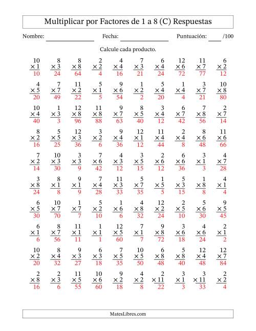 La hoja de ejercicios de Multiplicar (Factores de 1 a 12) por Factores de 1 a 8 (100 Preguntas) (C) Página 2