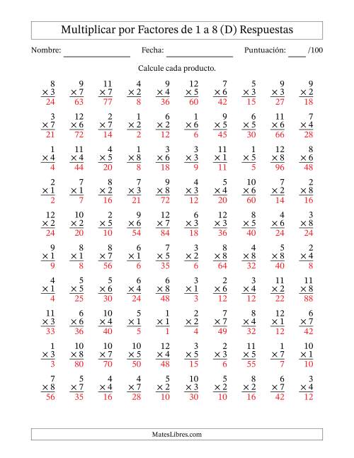 La hoja de ejercicios de Multiplicar (Factores de 1 a 12) por Factores de 1 a 8 (100 Preguntas) (D) Página 2