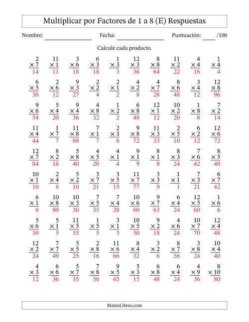 La hoja de ejercicios de Multiplicar (Factores de 1 a 12) por Factores de 1 a 8 (100 Preguntas) (E) Página 2