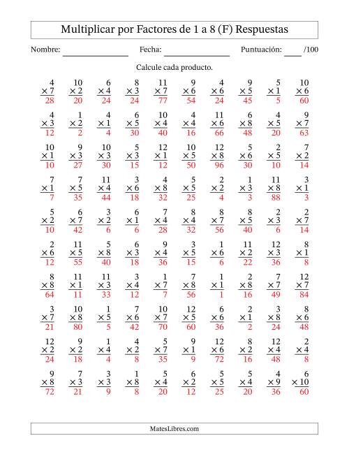 La hoja de ejercicios de Multiplicar (Factores de 1 a 12) por Factores de 1 a 8 (100 Preguntas) (F) Página 2