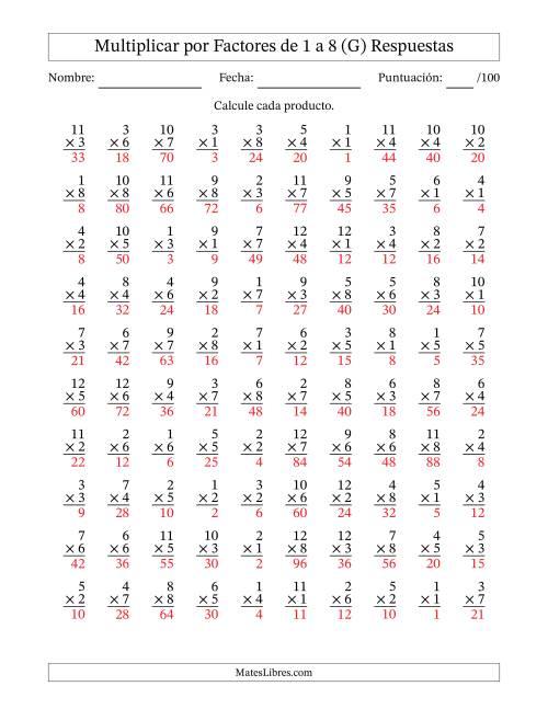 La hoja de ejercicios de Multiplicar (Factores de 1 a 12) por Factores de 1 a 8 (100 Preguntas) (G) Página 2
