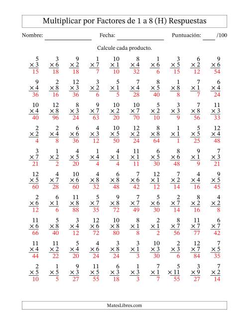 La hoja de ejercicios de Multiplicar (Factores de 1 a 12) por Factores de 1 a 8 (100 Preguntas) (H) Página 2